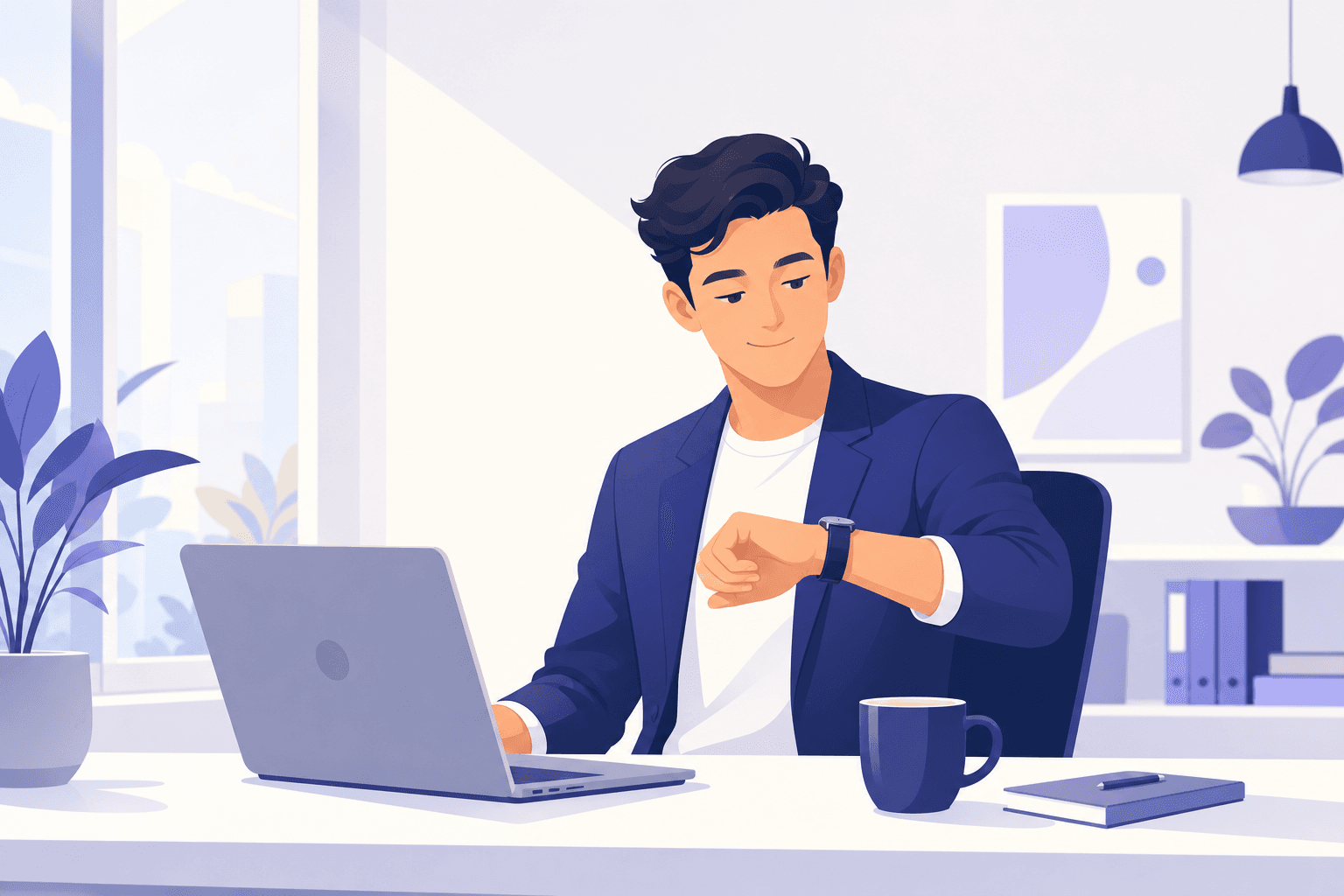 Illustration einer Person am Schreibtisch, die auf die Armbanduhr schaut